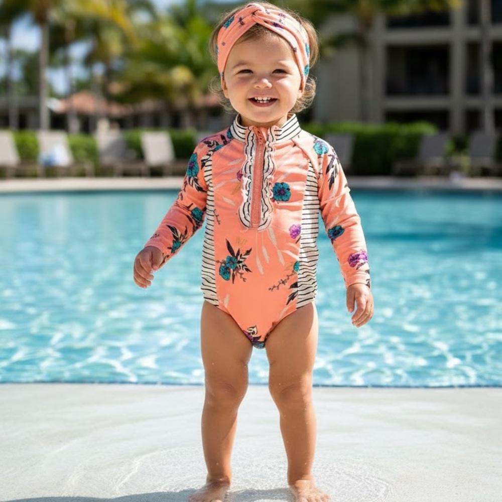 NWT Jessica Simpson Baby Swimsuit long sleeves with Headband SIZE 18M
